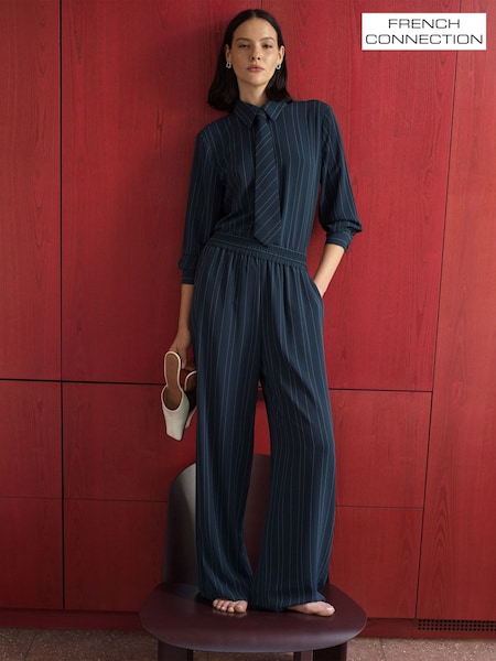 Blue - French Connection Erma Pinstripe Wide Leg Trousers