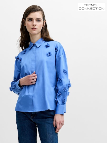 Blue - French Connection Alexis Cotton 3d Flower Pleated Back Shirt