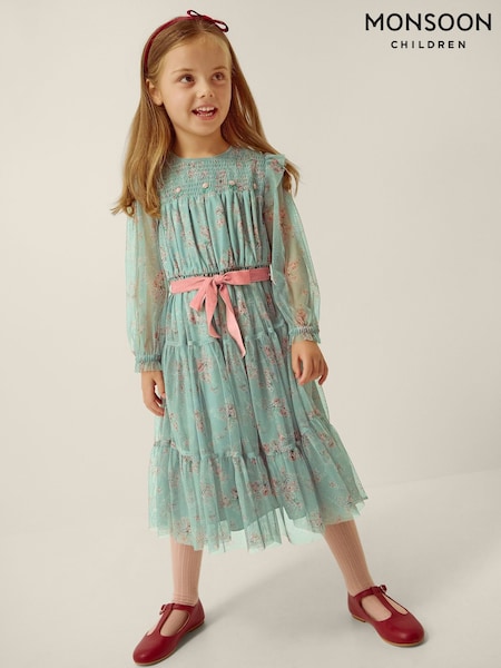 Green - Monsoon Ditsy Floral Print Belted Dress