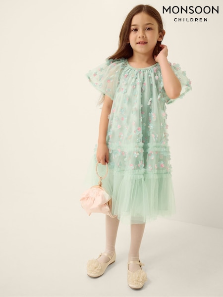 Green - Monsoon Kala Floral Appliqué Party Dress