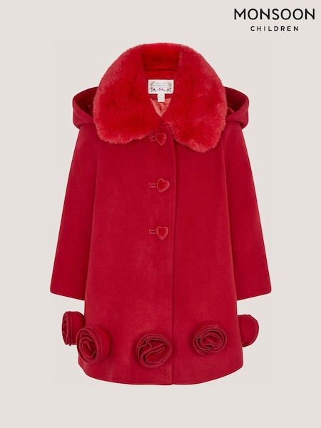Red - Monsoon Baby Faux Fur Collar Rosette Coat
