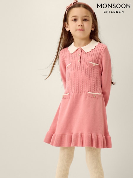 Pink - Monsoon Long Sleeve Cable Knitted Dress