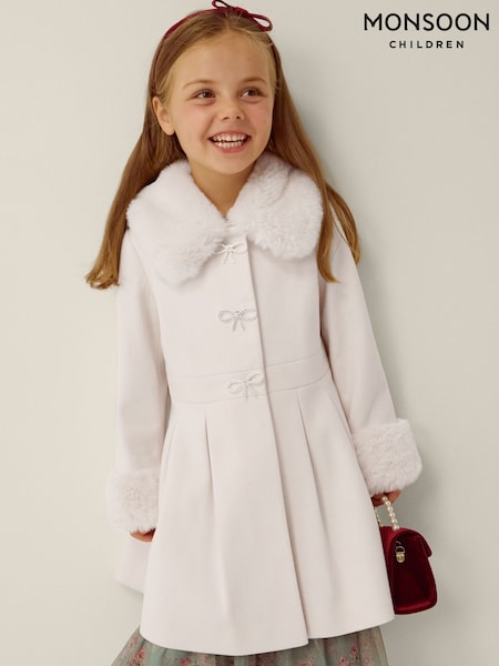 Cream - Monsoon Isabella Faux Fur Collar Coat