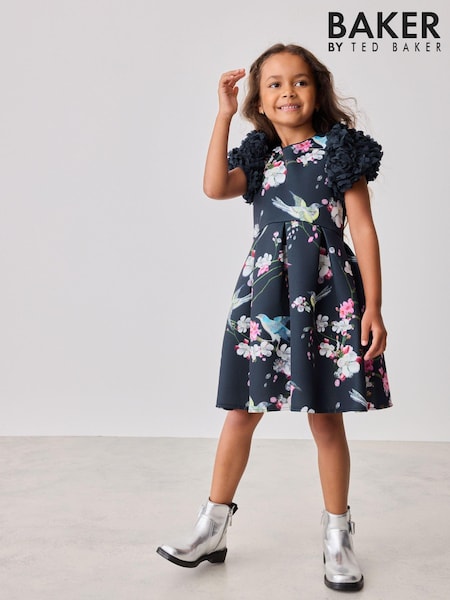 Baker by Ted Baker Navy Floral Ruffle Sleeve Dress (567743) | € 31 - € 36