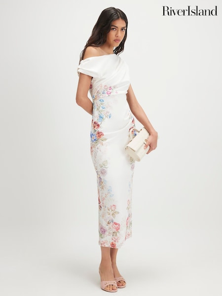 Cream - River Island Floral Print Drape Midi Dress