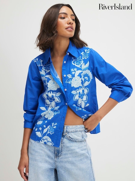 Blue - River Island Long Sleeve Floral Shirt