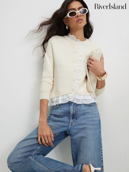Krem - River Island finstrikket cardigan med rysjedetaljer