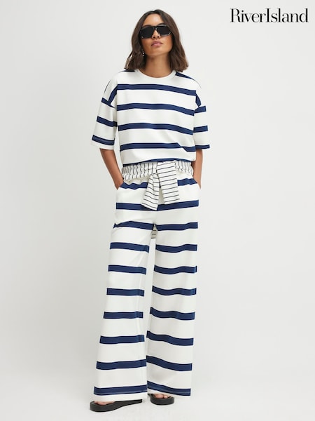 Cream - River Island Premium Striped Wide Leg Joggers