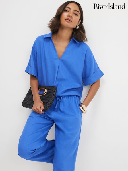 Blue - River Island Linen Blend Short Sleeve Shirt
