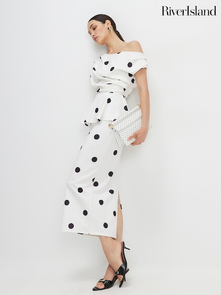 White - River Island Peplum Polka Dot Midi Dress