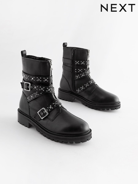 Black Forever Comfort® Studded Biker Leather Ankle Boots (569997) | AED178