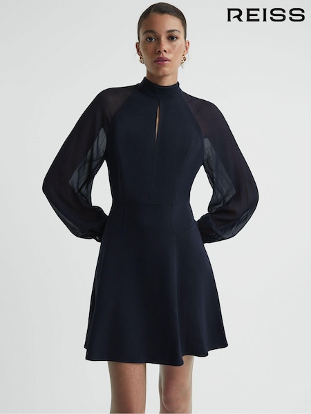 Reiss Navy Perry Sheer Blouson Sleeve Mini Dress (570001) | €95