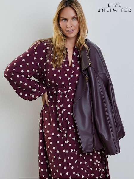 Lila - Live Unlimited Burgundy Polka Dot Waist Tie Maxi Shirt Dress