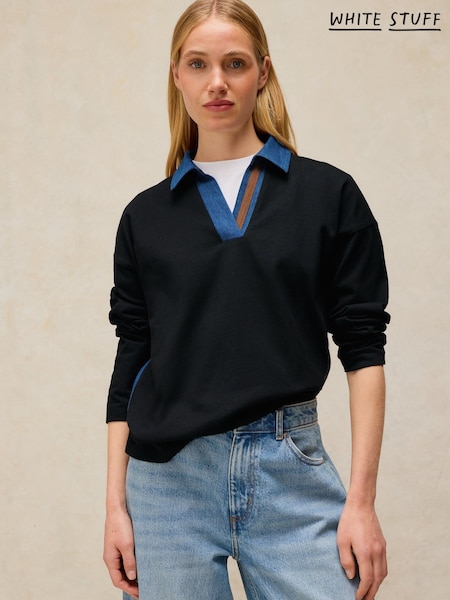 Կապույտ - White Stuff Denim Mix Rugby Top