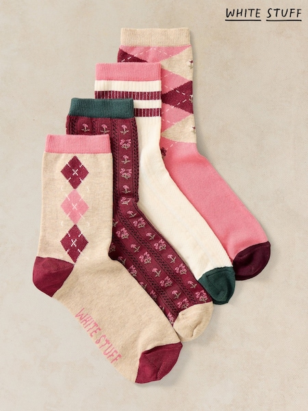 Pink - Regular White Stuff Argyle Pattern Ankle Socks 4 Pack