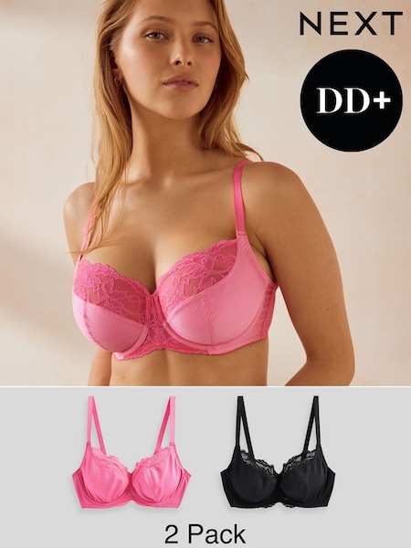 Bright Pink/Black 2 Pack DD+ Non Pad Wired Full Cup Microfibre Lace Bras (571509) | AED63