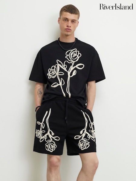 Black - Regular River Island Regular Fit Floral Roping Shorts