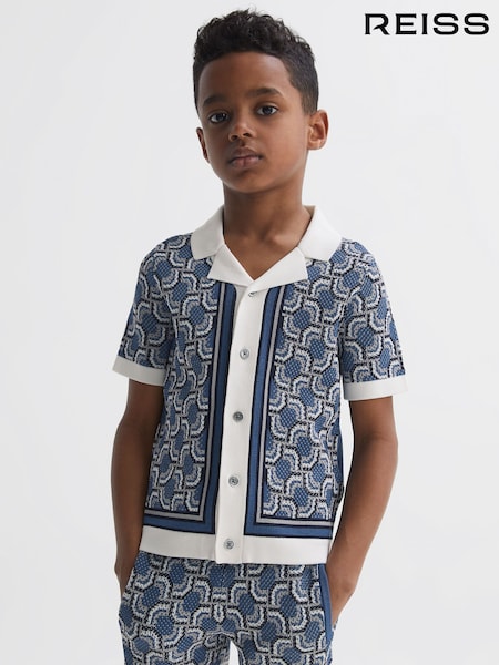 Reiss Blue Print Lotus Junior Knitted Cuban Collar Shirt (571657) | €64