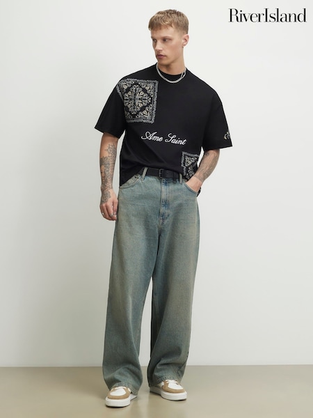 Black - Regular River Island Oversized Ame Saint Tapestry T-shirt