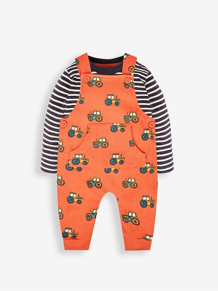 JoJo Maman Bébé Rust Orange Tractor Dungarees & Stripe Top Set (572201) | AED154