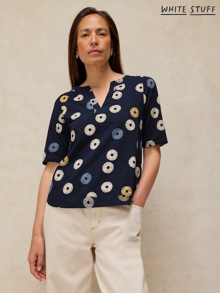 أزرق - White Stuff Weaver Notch Neck T-shirt