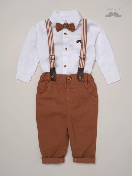Braun - Little Gent Baby 100% Cotton Mock Shirt Bodysuit and Braces Dungarees 3 Piece Gift Set (573145) | 32 €