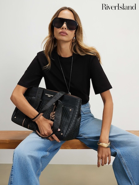 Black - River Island Embossed Monogram Tote Bag