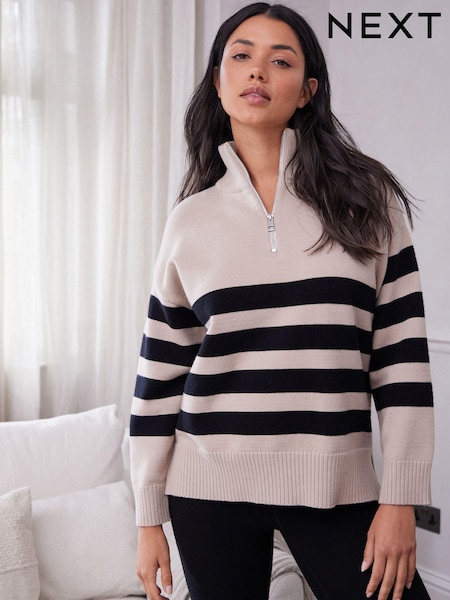 Beige Stripe Half Zip Knit Stripe Jumper (573712) | €19