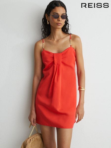 Coral Red - Reiss Cara Lyocell-linen Pleat-detail Mini Dress