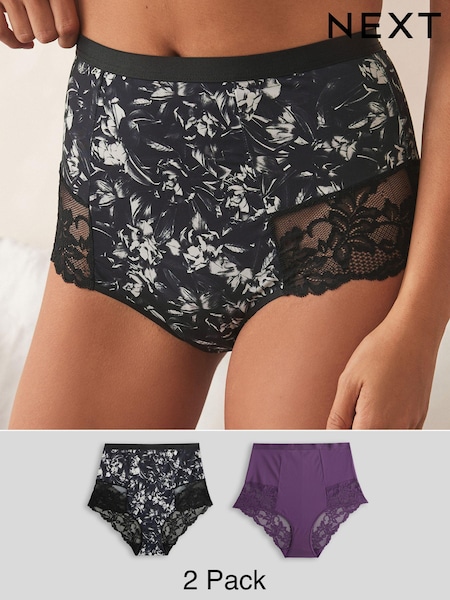 Purple/Floral Print Tummy Control Shaping Lace Back Brazilian Knickers 2 Pack (575258) | kr360