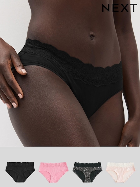 Black/Pink Heart Print Short Cotton and Lace Knickers 4 Pack (575566) | €12