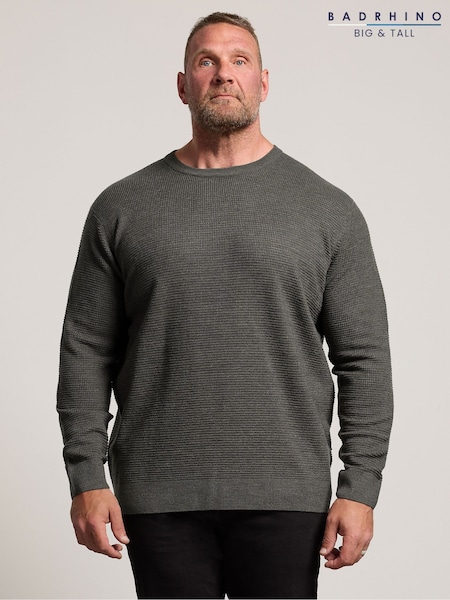 Grey - Regular Badrhino Big & Tall Waffle Crew Neck Jumper
