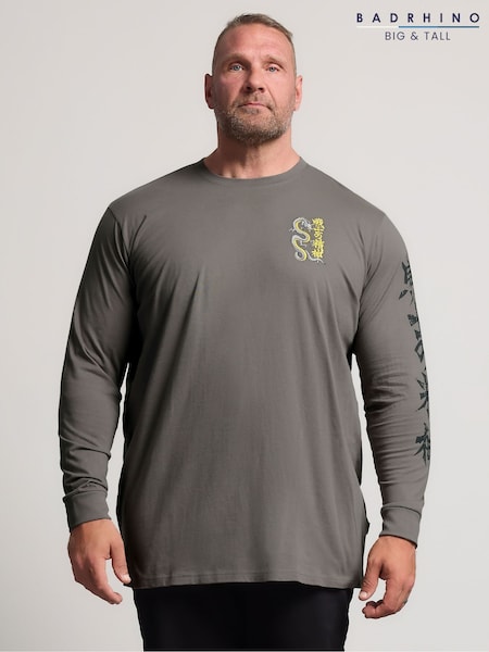 Grey - Long Badrhino Big & Tall Dragon Print Long Sleeve T-shirt