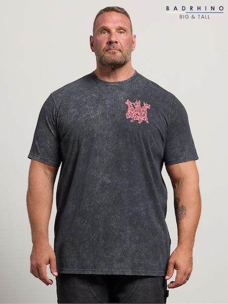 Gris - Long Badrhino Big & Tall Doberman Acid Wash T-shirt