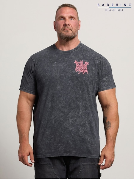 Grey - Regular Badrhino Big & Tall Doberman Acid Wash T-shirt
