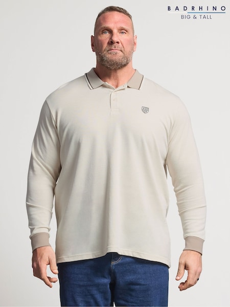 Cream - Regular Badrhino Big & Tall Textured Waffle Long Sleeve Polo Shirt