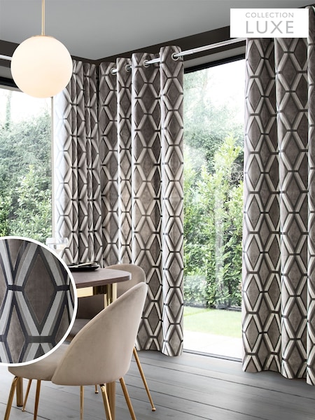 Grey Silver Collection Luxe Heavyweight Geometric Cut Velvet Lined Eyelet Curtains (576471) | €97 - €194