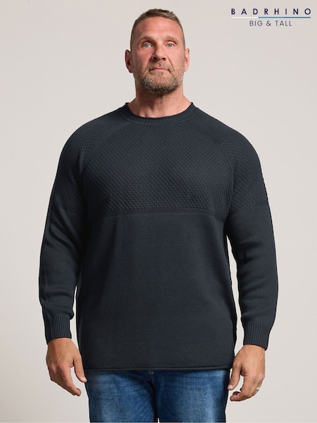 Blau - Regular Badrhino Big & Tall Half Textured Crew Neck Knitted Jumper