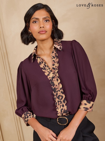 Burgundy Red Animal Print - Love & Roses Scallop Trim Short Sleeve Notch Neck Shirt