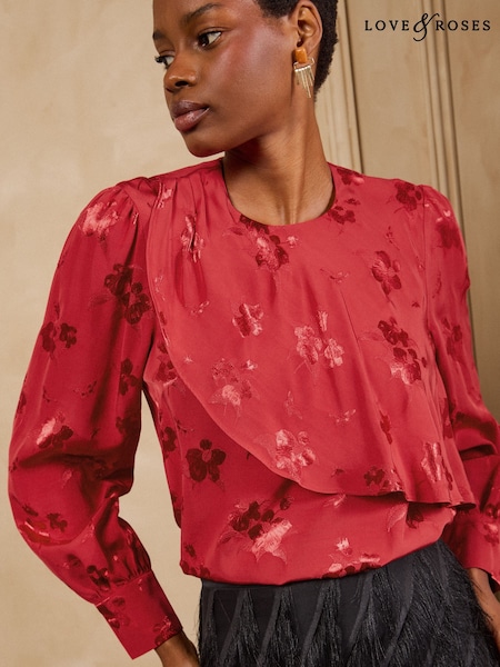 Red - Love & Roses Satin Jacquard Drape Long Sleeve Blouse