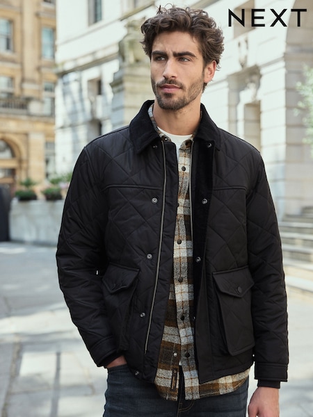 Black Shower Resistant Diamond Quilt Corduroy Collared Jacket (578649) | €80