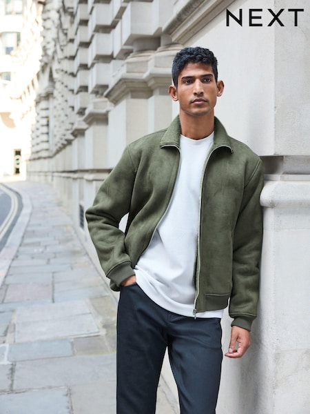 Green Faux Suede Borg Lined Zip Up Funnel Jacket (578682) | €16