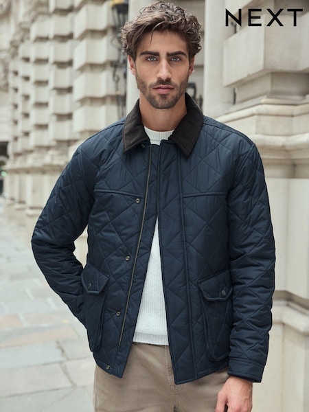 Navy Blue Shower Resistant Diamond Quilt Corduroy Collared Jacket (578691) | kr911