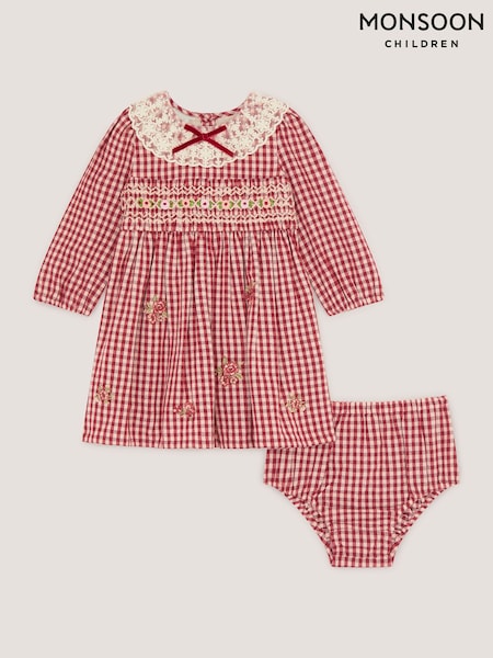 Red - Monsoon Baby Embroidered Gingham Dress & Knickers Set