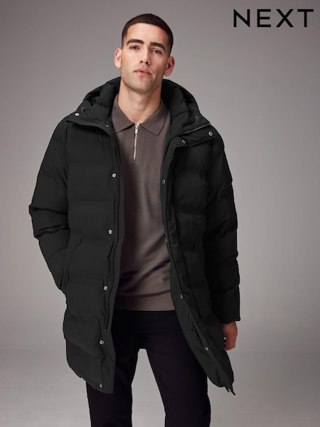 Black Long Length Shower Resistant Hooded Puffer Coat (578882) | €43