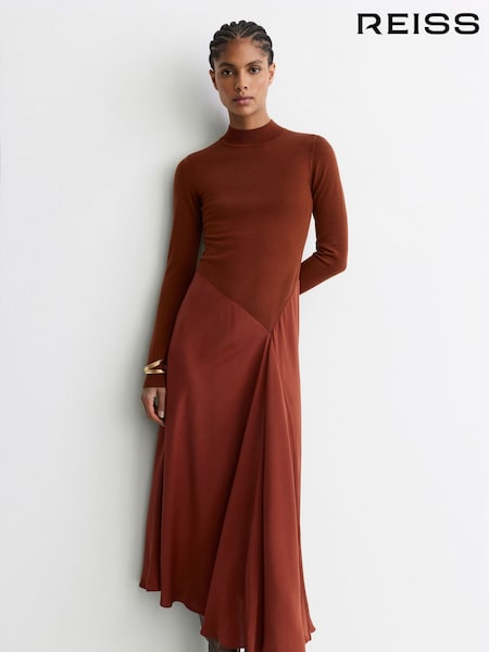 boja rđe Narandžasti - Reiss Nora Knitted Woven Mix High-neck Midi Dress