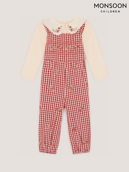 Red - Monsoon Baby Embroidered Top & Gingham Dungarees Set