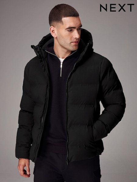 Black Regular Length Shower Resistant Hooded Puffer Coat (579036) | $108