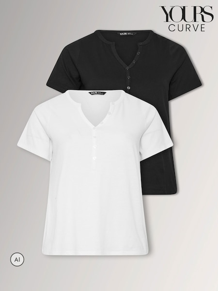 Black - Yours Curve Short Sleeve Henley Button Tops 2 Pack