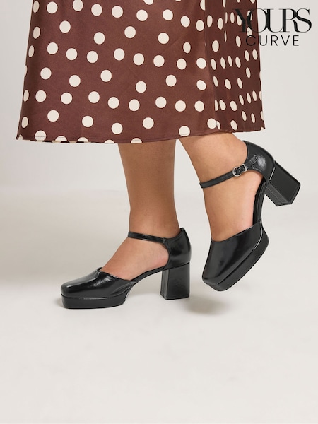 Black - Yours Curve Faux Leather Platform Block Heels In Extra Wide Fit